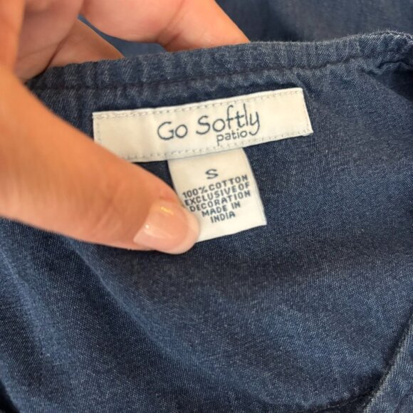 Go Softly Patio Blue Embroidered Denim Dress Small Zip Front Short Sleeves - Picture 6 of 6